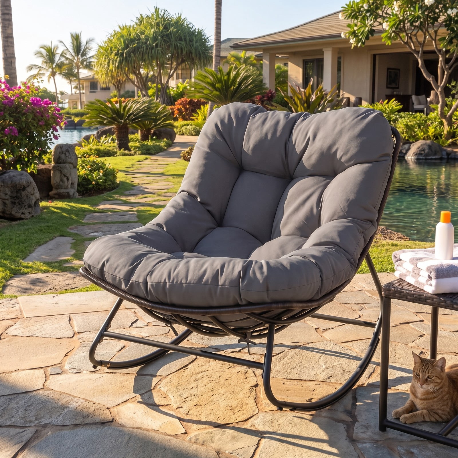 Furnibear Outdoor Papasan Rocking Chair with Thick Removable Cushion and Non-Slip Pads for Oversized Patio and Backyard Comfort, Gray