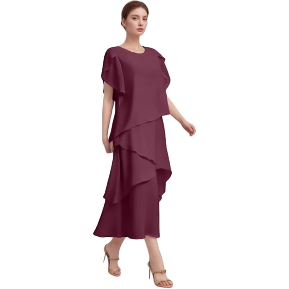 Puliio Summer Dresses for Women Short Sleeve Round Neck Asymmetric Layer Midi Elegant Office Casual Dress