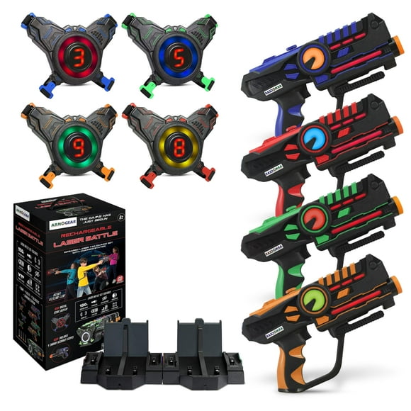 ArmoGear Laser Tag Guns with Vests Set of 4 - Adult Laser Tag Guns, Multiplayer Lazer Tags Set for Kids, Teens, and Adults - Indoor and Outdoor Game for Family Fun - Gi