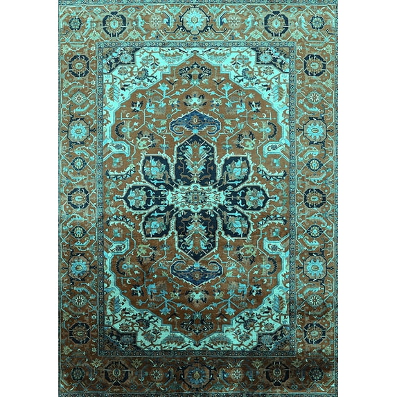 Ahgly Company Indoor Rectangle Oriental Turquoise Blue Industrial Area Rugs, 7' x 10'