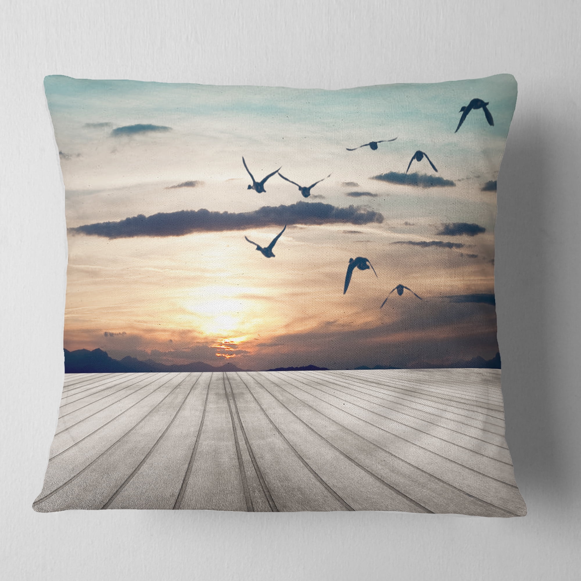 Designart Wooden Floor Sunset - Seashore Throw Pillow - 18x18