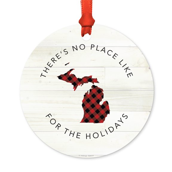 US State Round Metal Christmas Ornament, Red Plaid on Light Rustic Wood, Michigan, Includes Ribbon and Gift Bag