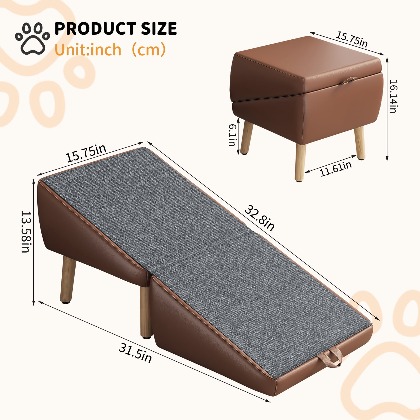 2-in-1 Foldable Dog Stairs & Ramp, Wooden Split Ottoman Pet Steps for Small Dogs Cats, Non-Slip Gentle Incline Pet Ramp for Couch Bed, Joint Support Design for Puppy Senior Injured Pets