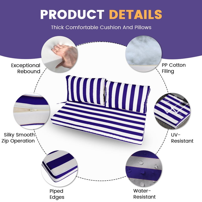 Outdoor Loveseat Cushions Set 48" x 24" Water Repellent & Fadeness Patio Furniture Cushions with Removable Cover and Ties, Patio Love Seat Sofa Cushions for Porch Garden Chair （Blue white stripes）