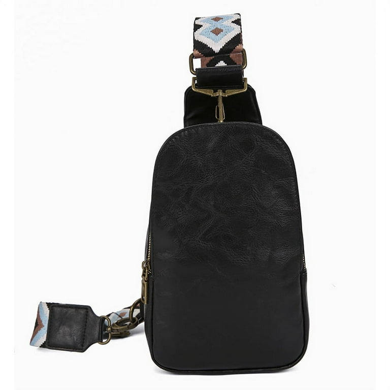 Women Chest Bag Sling Bag Small Crossbody Bag Guitar Strap Purse PU Leather  Satchel Shoulder Bag for Travel,Black