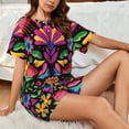 thumbnail image 2 of Lafuoo Colorful Floral Embroidery Mexican Pattern Women's Round Neck Short Sleeve Pajamas Set, Button Pajamas Elastic Band Pajamas Home Wear-4X-Large, 2 of 8