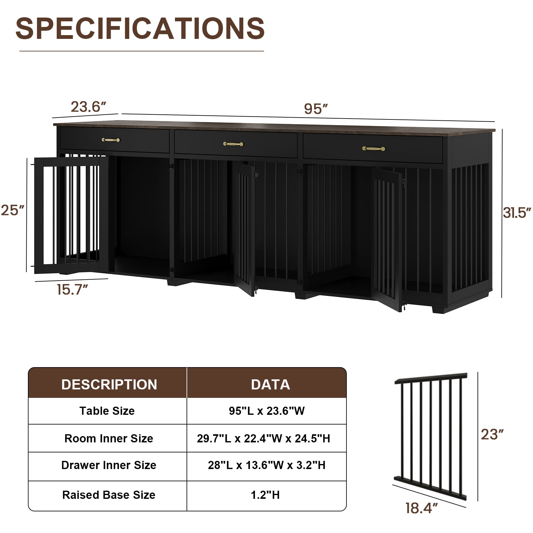 Jenser Multi-Functional 3-Door 95" Wooden Furniture Style Crate for Dog with 2 Dividers