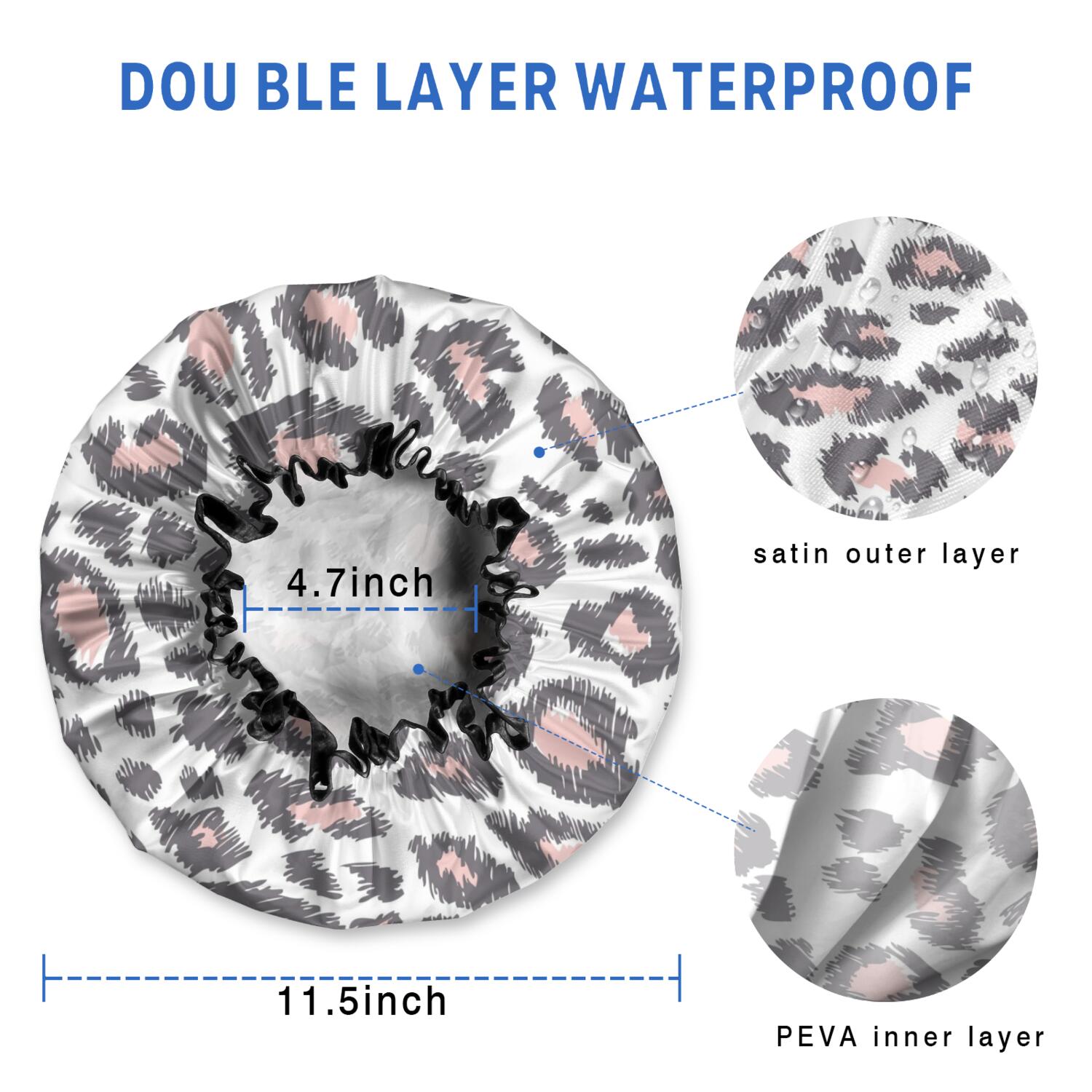Shower Caps,White and Pink Of Leopard Print Waterproof Shower Cap for Women 4 Pieces,Double Reusable Hair Cover for Shower PEVA Elastic Stretch Hem