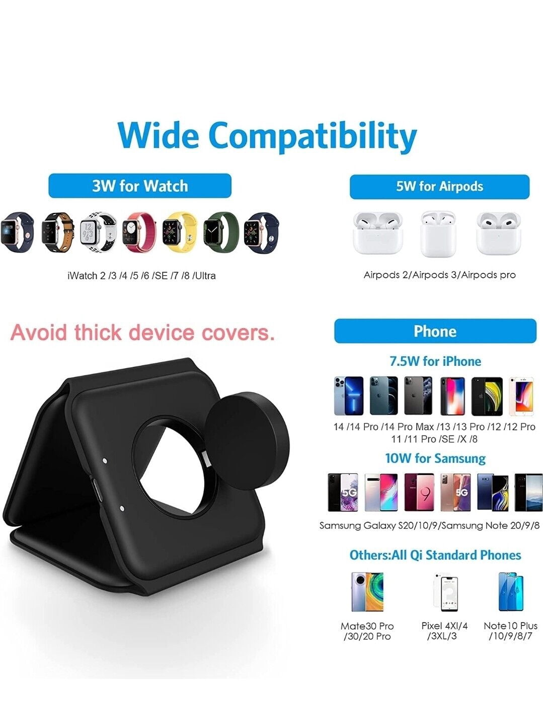 SamsMax LLC 3 in 1 Wireless Charger. For iPhone 14 13 12 11/Pro/XS/XR/8,AirPods 3/2/Pro, iWatch 7/6/5/4/3/2. Magnetic Foldable Fast Wireless Charging Pad Folding (Black)