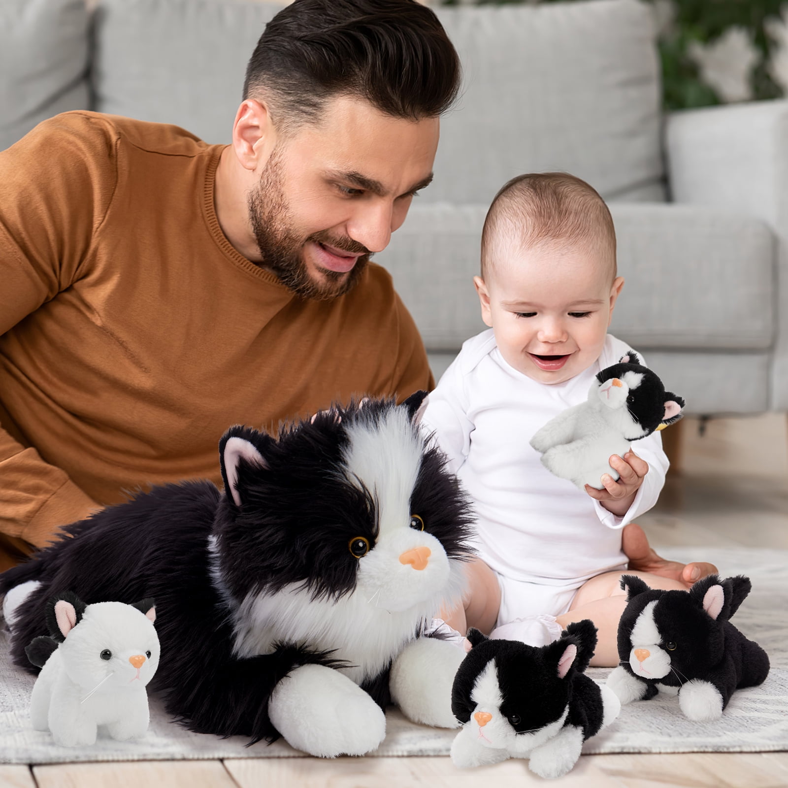 MorisMos 20" Cat Stuffed Animal, Realistic Stuffed Cat with 4 Kittens Baby Plush Toys