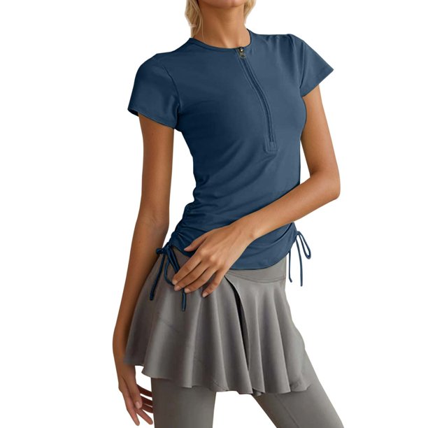 Camiseta de manga corta con media cremallera para correr y hacer yoga, con efecto adelgazante y que absorbe la humedad, ideal para hacer ejercicio.