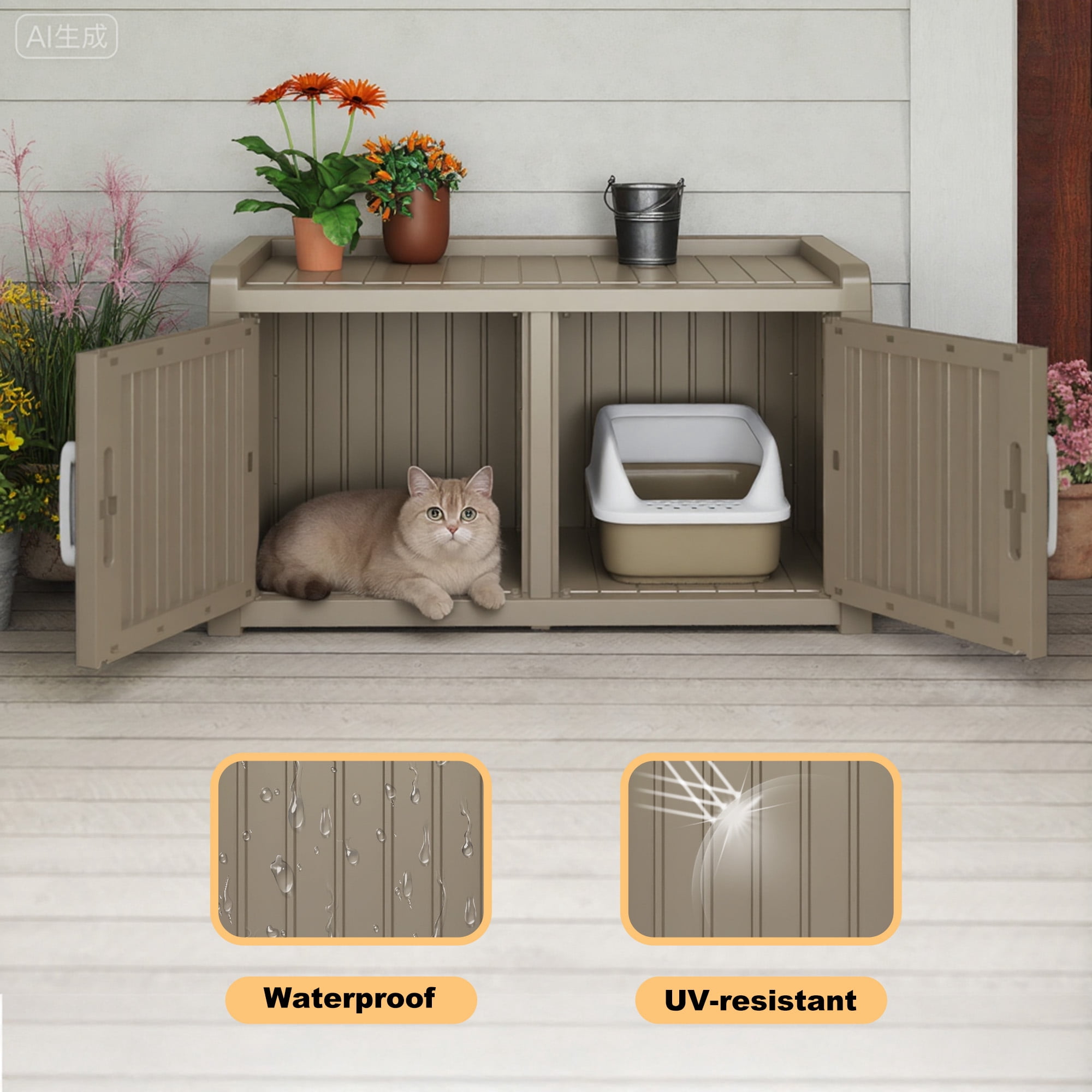 EasyUp Cat Litter Box, Resin Weatherproof Enclosed Litter Box with Dual-Door Design, Hidden Furniture for Indoor Home Use (Gray)