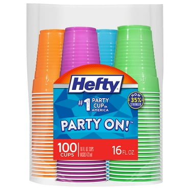 Hefty Party On Disposable AIF4 Plastic Cups, Assorted, 16 Ounce, 100 Count