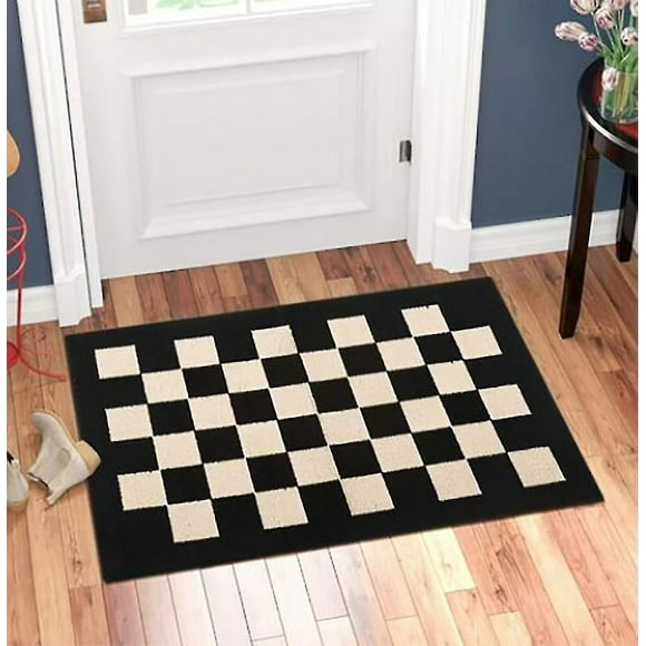 Indoor Doormat Front Door Carpet, 50cm X 80cm Non-slip Checkered Silky Entrance Carpet, Black
