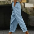 thumbnail image 2 of SwiftWear Women's Cotton Linen Lace Trim High-Waisted Drawstring Cropped Pants with Pockets, Breathable Relaxed Fit Trousers S-2XL, 2 of 5