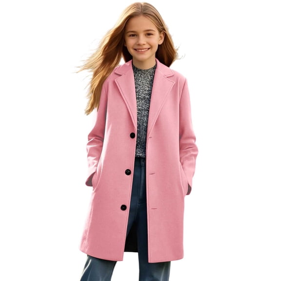 KAUOD Girls Long Peacoat Button Open Front Collar Mid Jackets Teen Kids Knee Length Plain Fashion Coats Clothes with Pockets