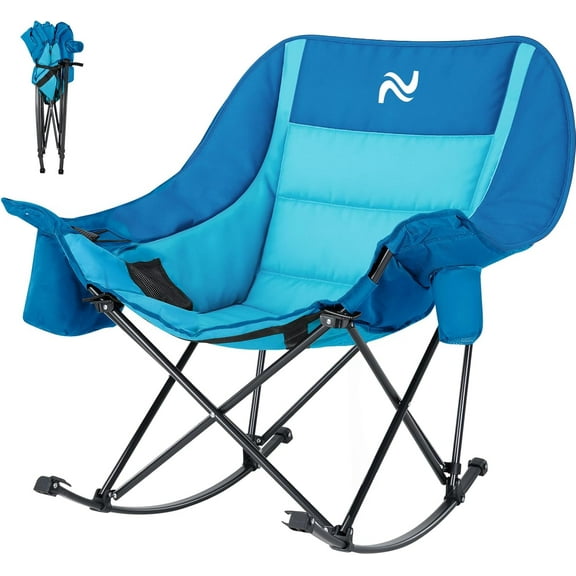 Lilypelle Portable Oversized Rocking Camping Chair for Adults, Fully Padded Folding Outdoor Lawn Chair with Cooler Bag & Side Pocket, Recliner Chair for Camp, Patio, Backyard, Loads up to 400 lbs