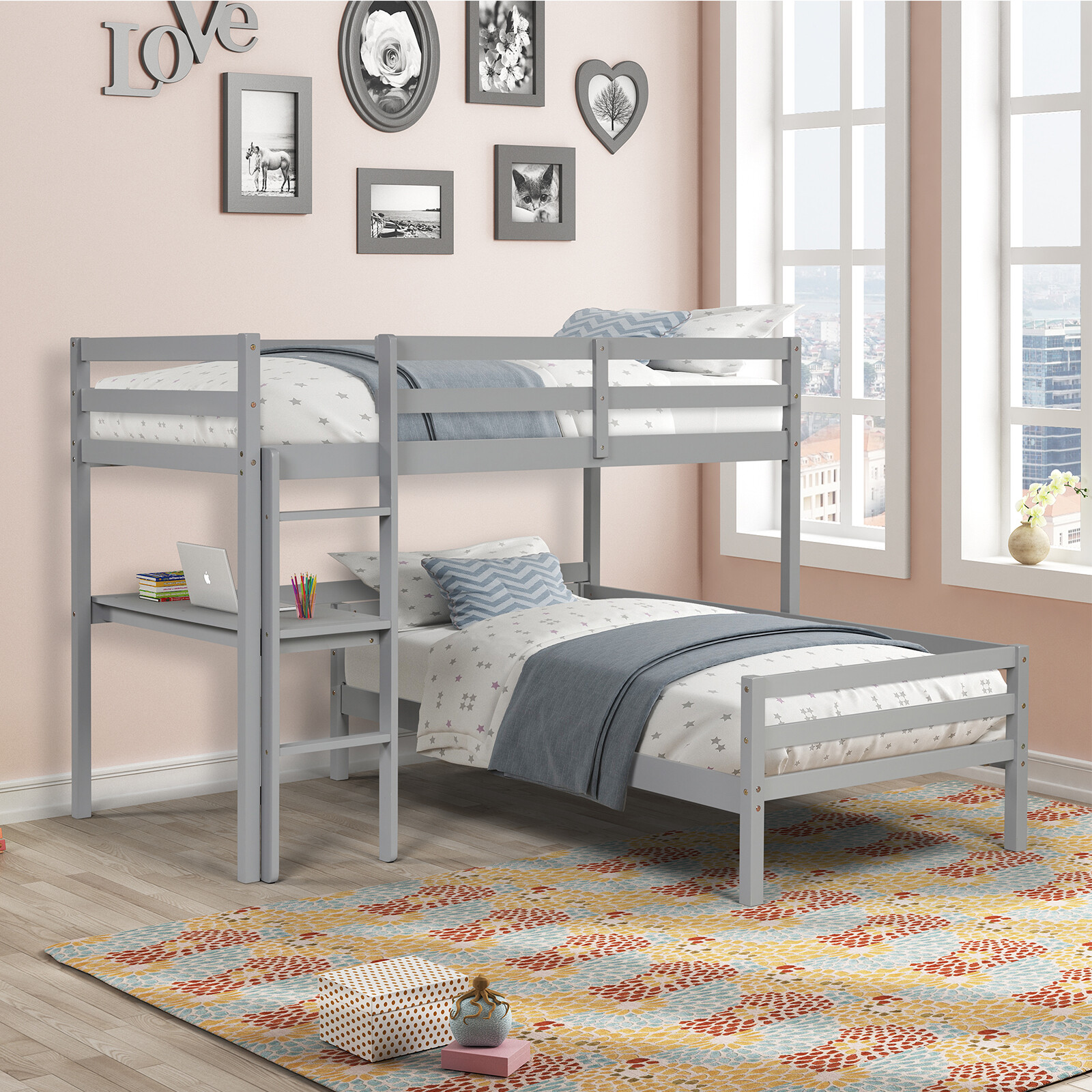 MasBekTe Wood LShaped Bunk Bed with Desk Twin Over Twin Loft Bunk Bed for Kids Gray