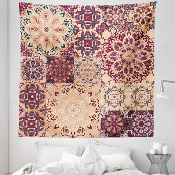 Vintage Tapestry, Antique Traditional Ceramic Tiles Ornamental Moroccan Image Print, Fabric Wall Hanging Decor for Bedroom Living Room Dorm, 5 Sizes, Dried Rose Ivory, by Ambesonne