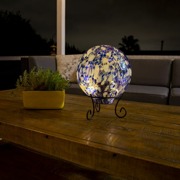 Alpine Corporation 8" Diameter Indoor/Outdoor Glass Gazing Globe with LED Lights and Stand, Blue/White