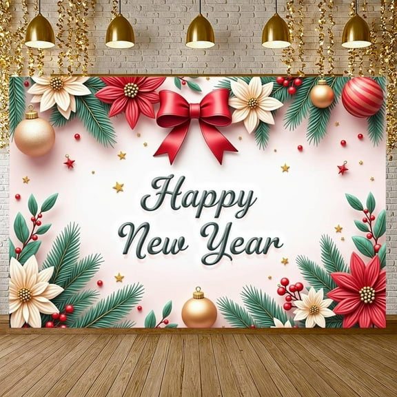 Festive Theme Happy New Year Banner Red Bow Design New Year Party Banner Poinsettia Pattern Gold Ornament Festive Banner for New Year Party Holiday Celebration Indoor Decoration