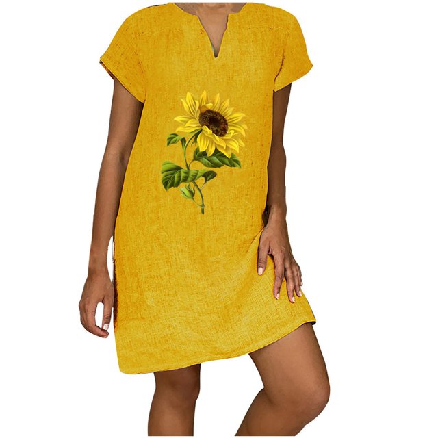 Yuyuzo Robes d'Été Décontractées pour Femmes 2025 Manches Courtes Col en V Robe en Lin Ample Tunique Confortable T-Shirts Robe Droite