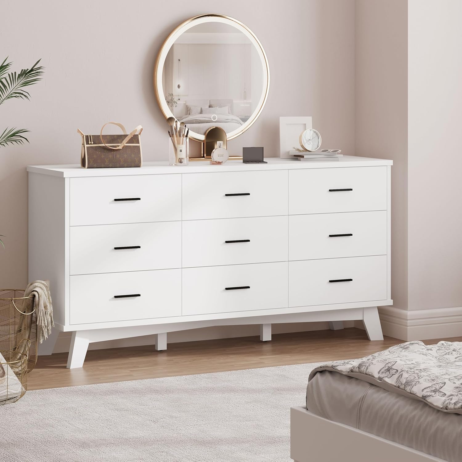 FANRAL 9 Drawer Dresser for Bedroom,Wood Modern Chest of Drawers with X-Shaped Sturdy Base,White Dresser