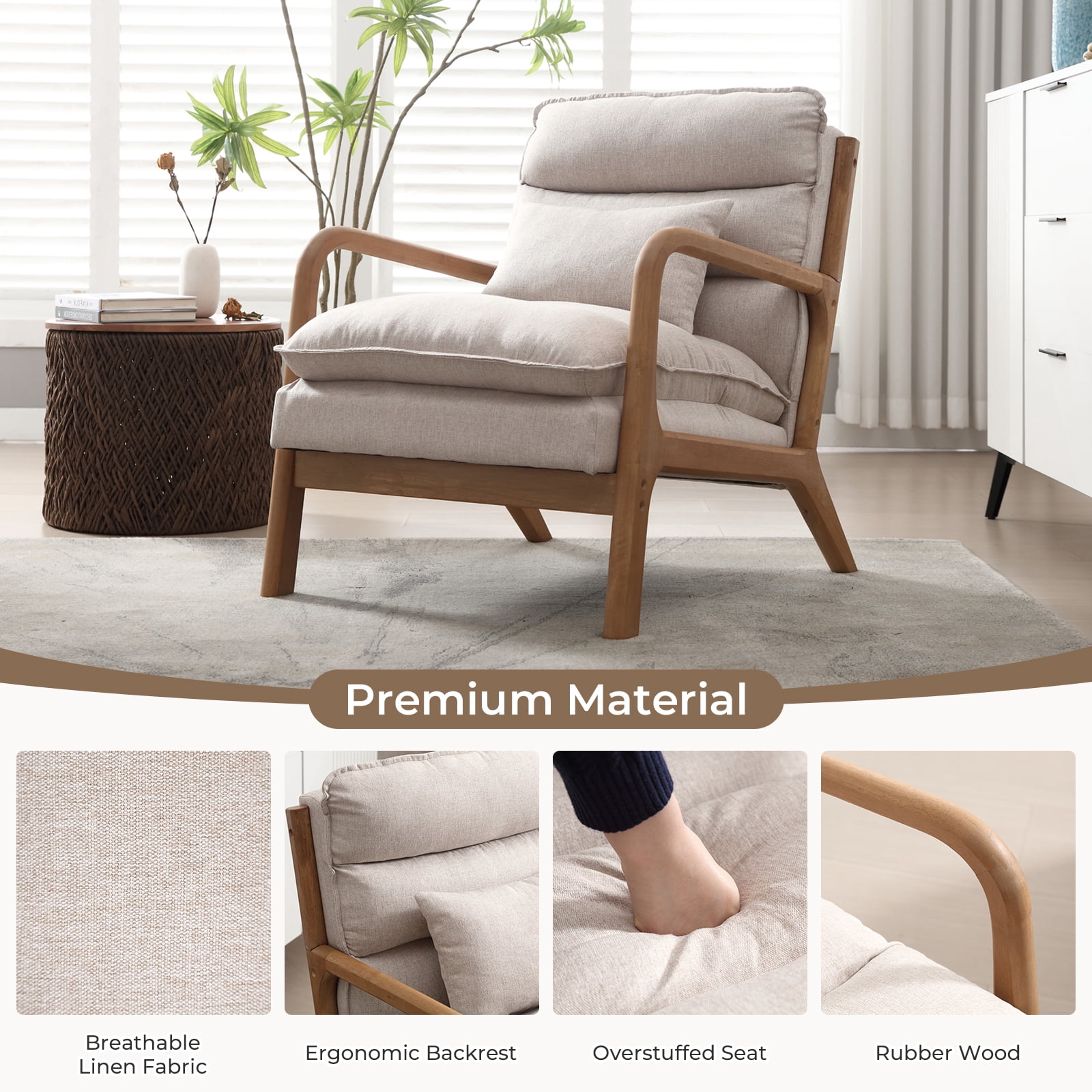 Ebello Mid Century Modern Accent Chair, Double-Padded Reading Armchair with Wood Frame & Lumbar Cushion for Living Room, Bedroom & Office, Beige