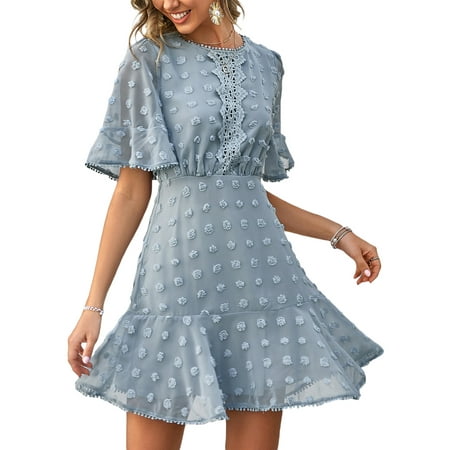 

SAYOO Women s Short Sleeve Dress Solid Color Lace Patchwork Hollow Out Dot Pattern Small Hairball Decor One-Piece Clothes