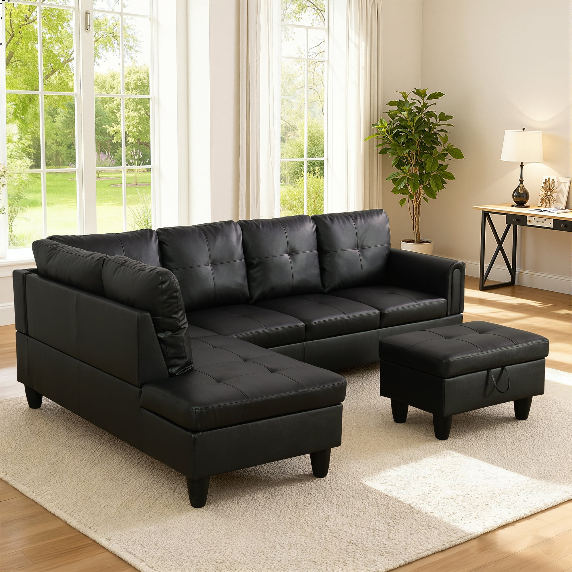 MAYEERTY 97" Faux Leather Sectional Sofa, 3-Piece Couch Living Room Sofa Set with Ottoman, Black (Left)