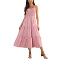 thumbnail image 2 of Unique Bargains Robe Maxi d'Été à Bretelles Spaghetti Smockée Décontractée Boho Sans Manches à Volants Rose m, 2 of 5