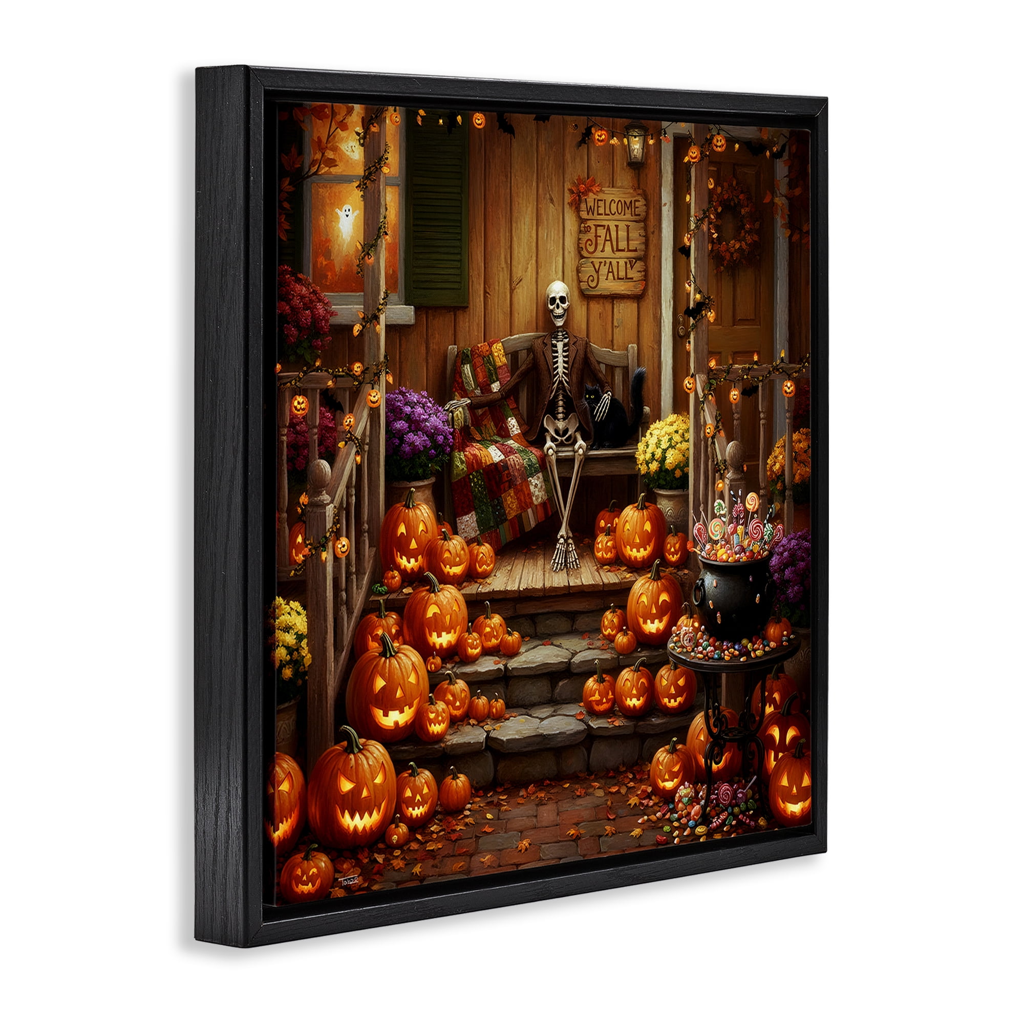 Stupell Industries Welcome To Fall Skeleton Porch Black Framed Floater Canvas Wall Art, design by Tabz Jones