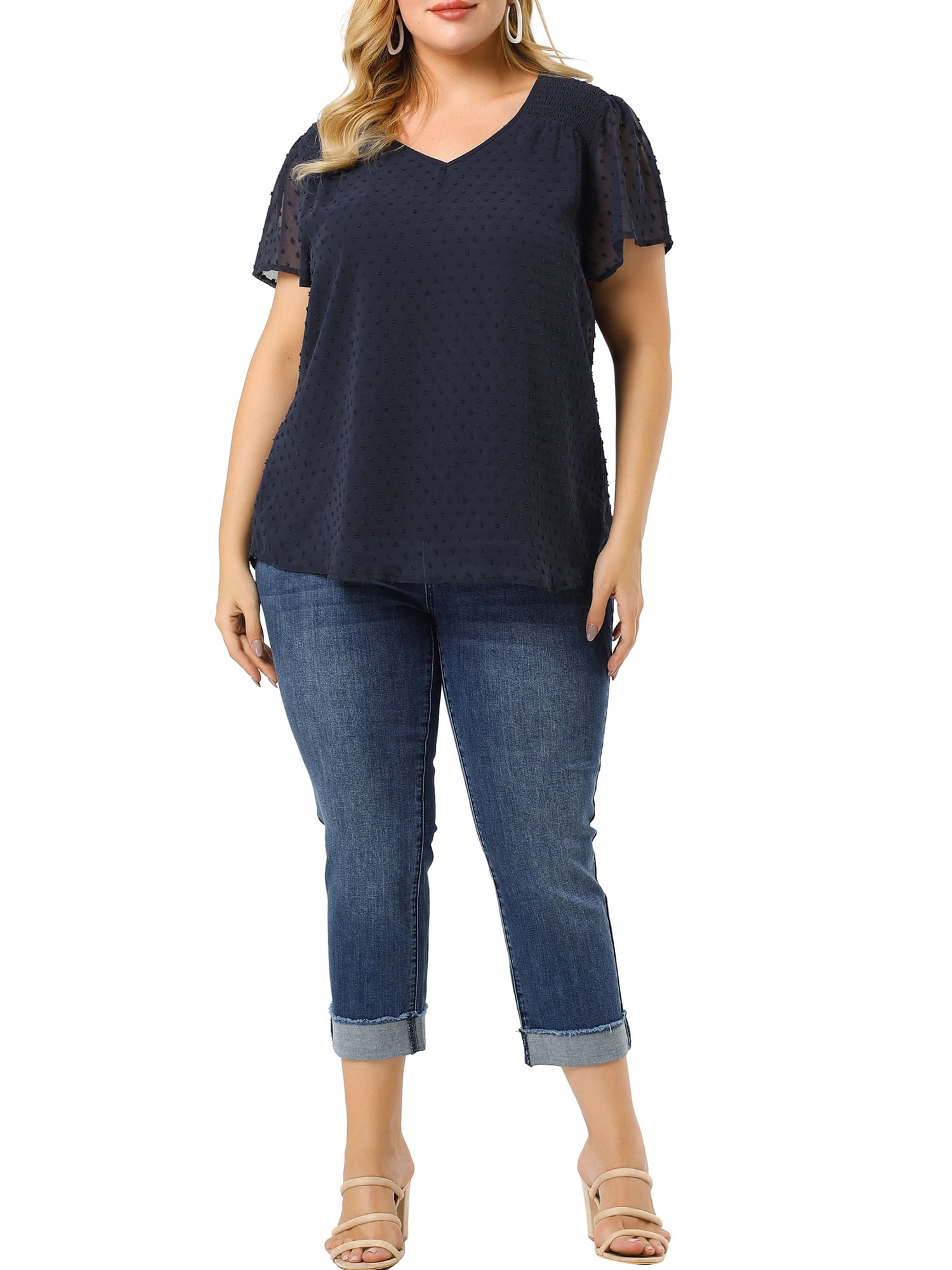 DARING DIVA Women's Plus Size Blouses Pin Dots Smocked Flare Sleeve Top 1X Royal Blue