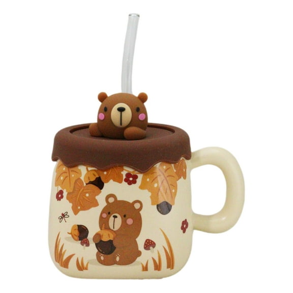 Whimsical Autumn Leaves Brown Bear Cub Ceramic Mug With Silicone Lid And Straw