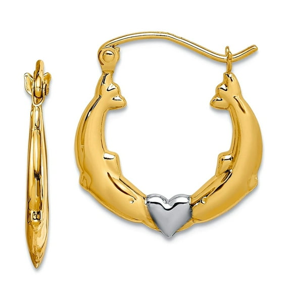 10k Yellow Gold Polished Hinged post and Rhodium Dolphin Love Heart Hollow Hoop Earrings 19x17mm Wide 2mm Thick Hoop Ear