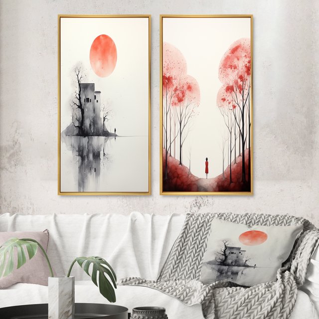 Designart "Minimal Serenity Moonlit Wanderings" Abstract Landscape Framed Wall Art Set Of 2 - Modern Pink Gallery Wall Frame Set For Home Decor