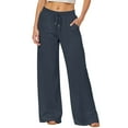 thumbnail image 2 of UngA Womens Work Pants Lounge Pants Women with Drawstring Elastic High Waist 2 Pockets Casual Pant Lightweight Solid Going Out Beach Trousers Loose Full Length Pull On Pants Navy,S, 2 of 6