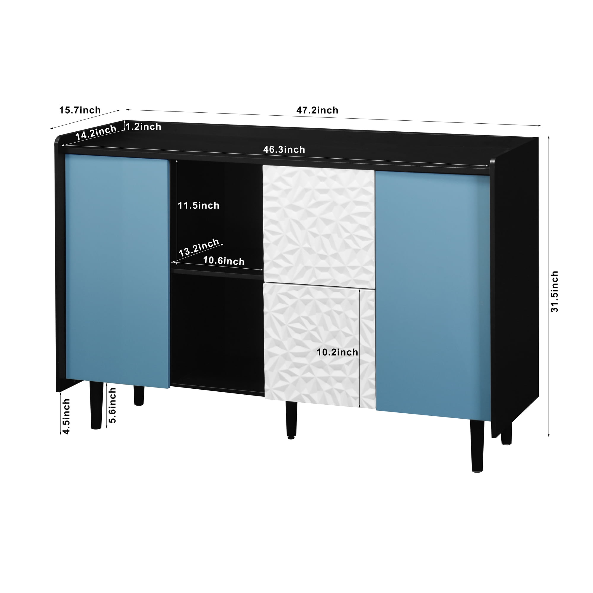 Noble House Sideboard Buffet Cabinet with 2 Drawers and Open Compartments, Black and Blue