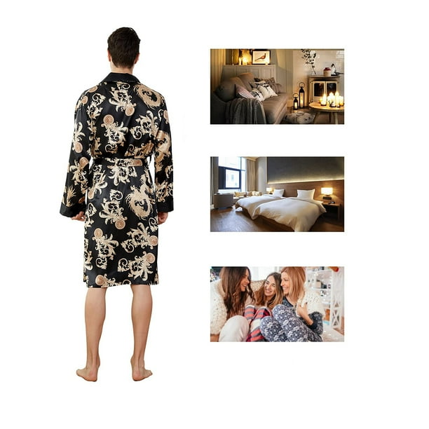 Bata De Hombre Kimono Albornoz Saten Ropa De Dormir Larga Bata Cardigan Pijamas Japoneses Ropa De Dormir Cuello En V con Bolsillos Y Cinturon Walmart en linea