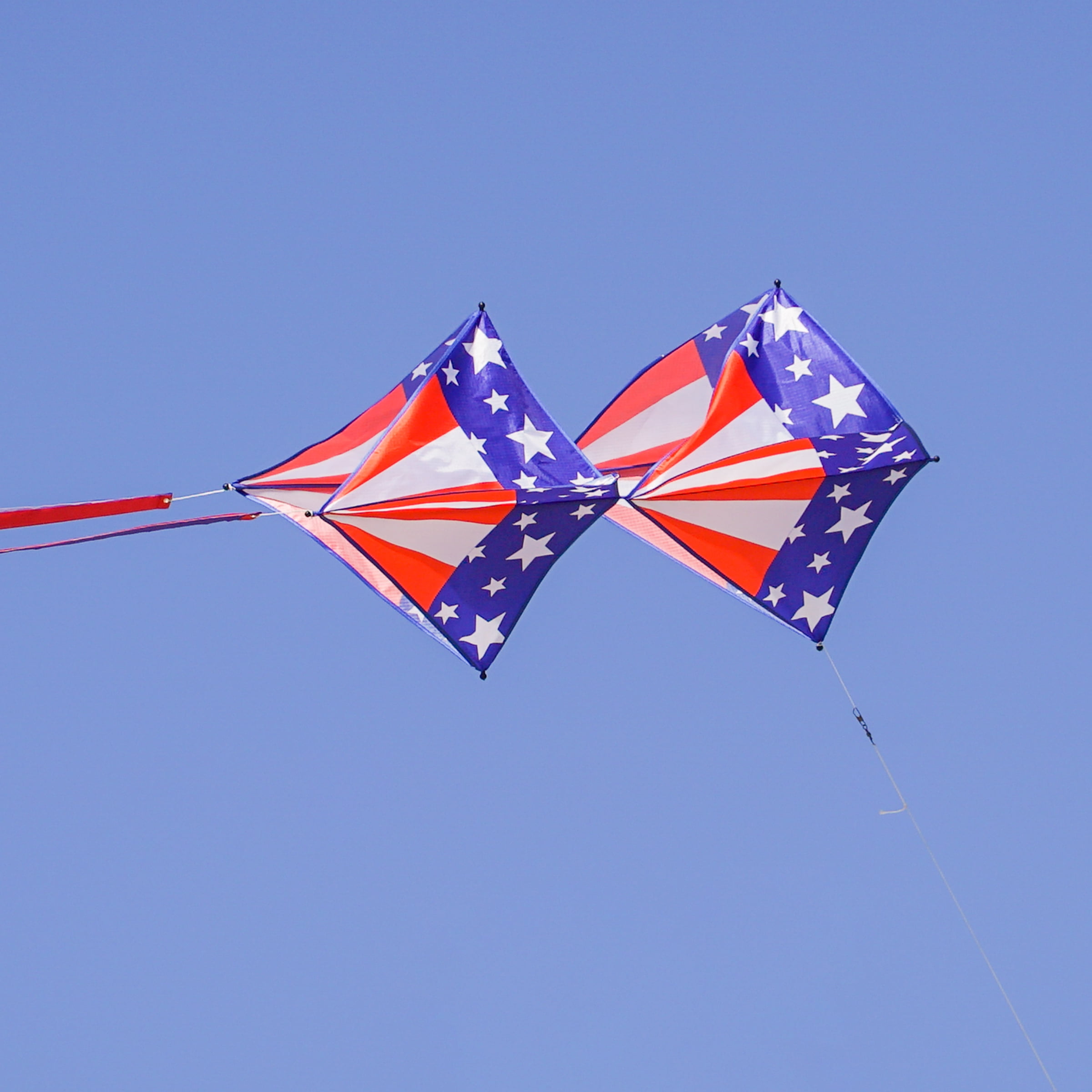 In the Breeze 3372 — Stars & Stripes Tri-Kite — Large Patriotic Cellular Single-Line Kite with Color-Coordinated Streamer Tails; Kite Line Included