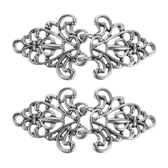 Cloak Clasp 2 Pairs Sew on Hooks and Eyes Vintage Flower Cape Buckle(Silver)
