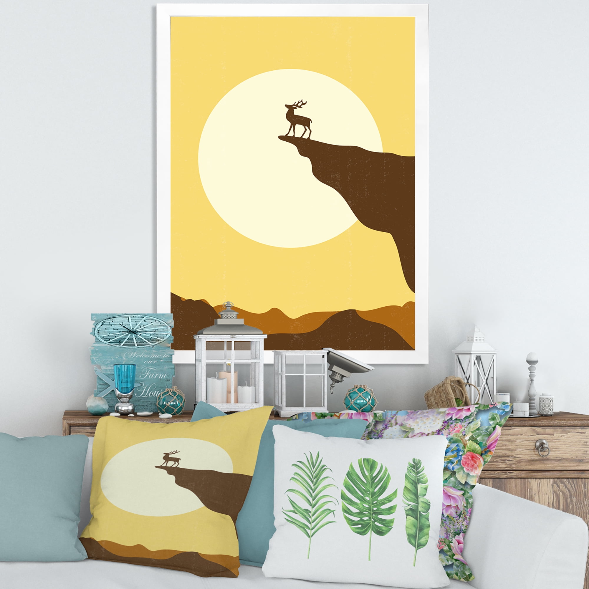 Designart 'Minimalistic Deer At Sunset On Mountain Top' Lake House Framed Art Print