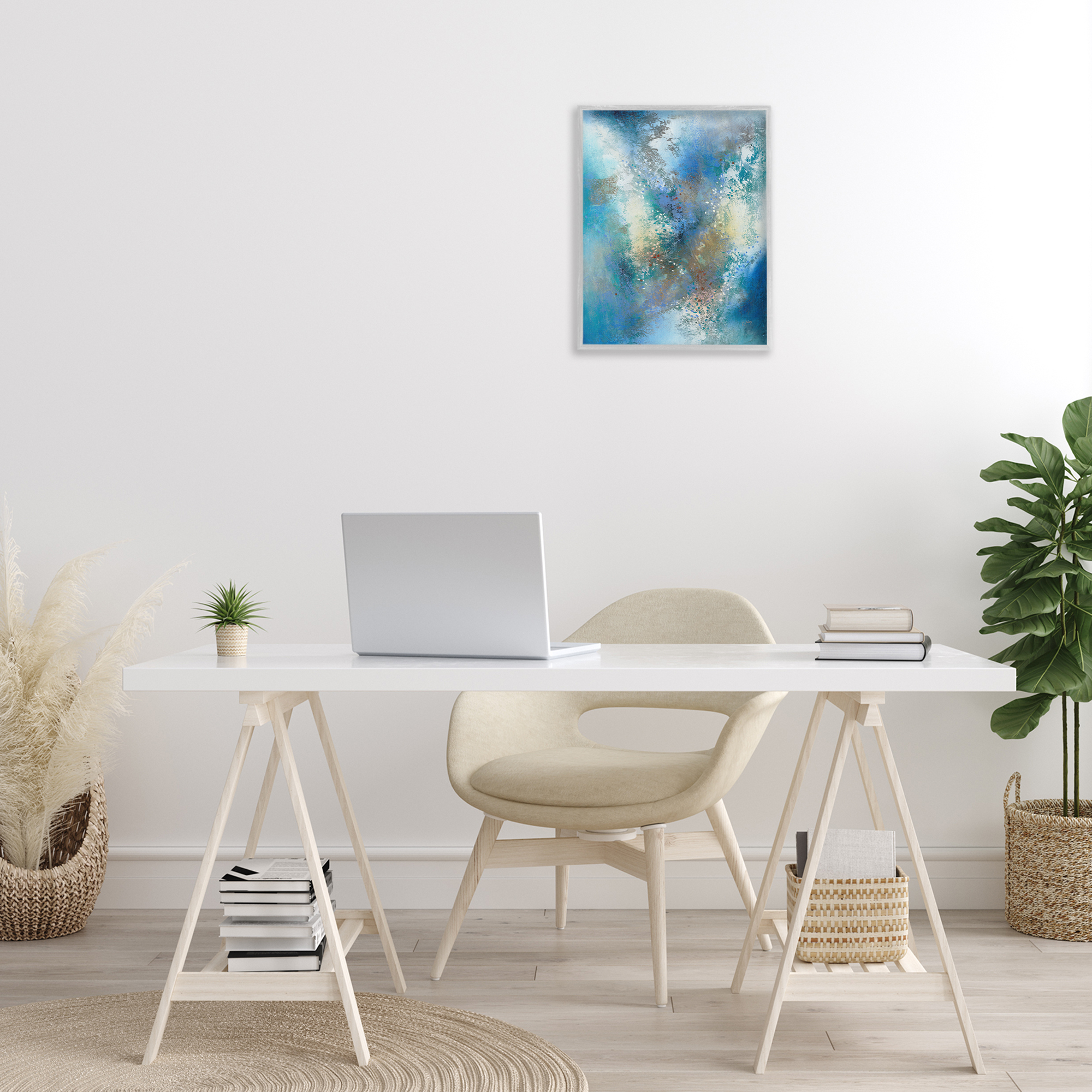 Stupell Industries Fluid Blue Abstraction Abstract Painting Gray Framed Art Print Wall Art, 16 x 20