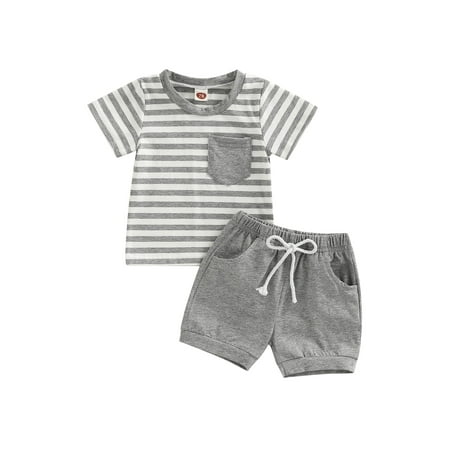

Xingqing Infant Baby Boys Short Set Short Sleeve Stripes T-shirt with Elastic Waist Shorts Summer Outfits Gray 6-12 Months