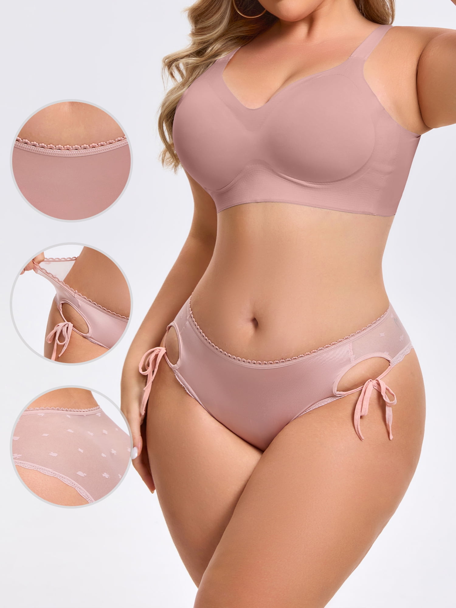 DARING DIVA Women's Side Tie Lace Mesh Sheer Low Rise Briefs Underpant Large Pink