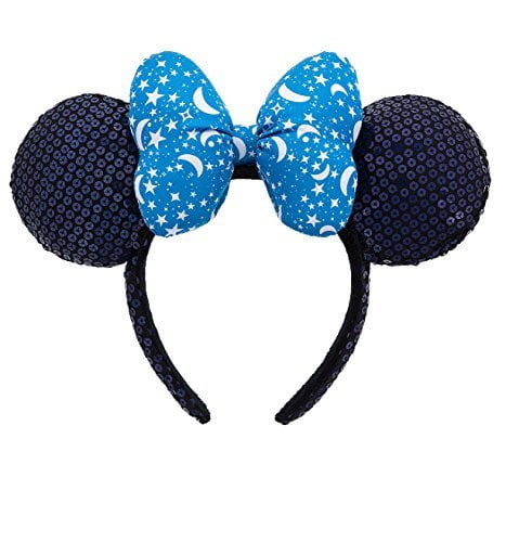 DISNEY Blue & White Sequined Minnie Mouse Ears Headband with Stars NEW 