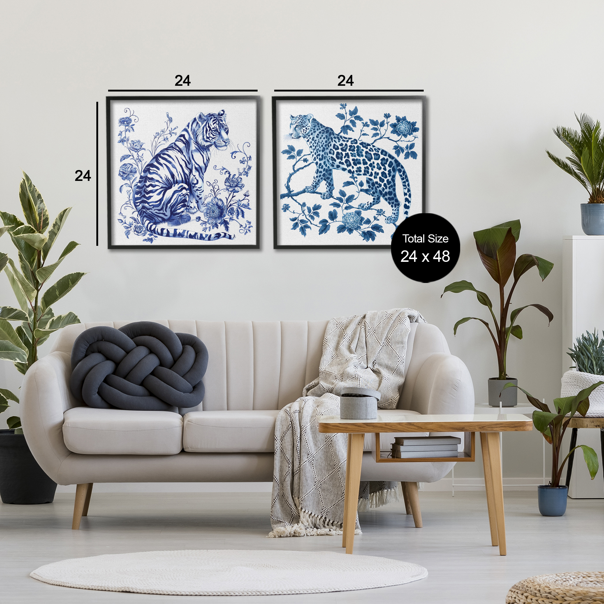 Ornate & Detailed Large Cats 2 Piece Black Framed Giclee Art Set, design by Lettered and Lined