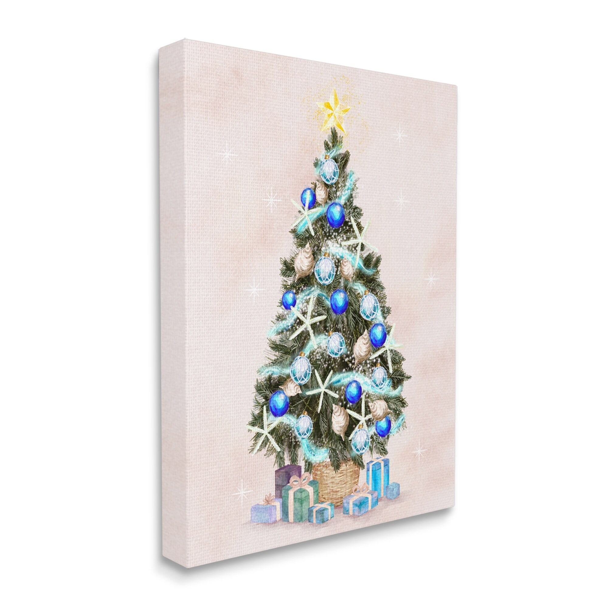 Glimmering Blue Christmas Tree Ornaments & Presents Botanical & Floral Painting Gallery-Wrapped Canvas Print Wall Art