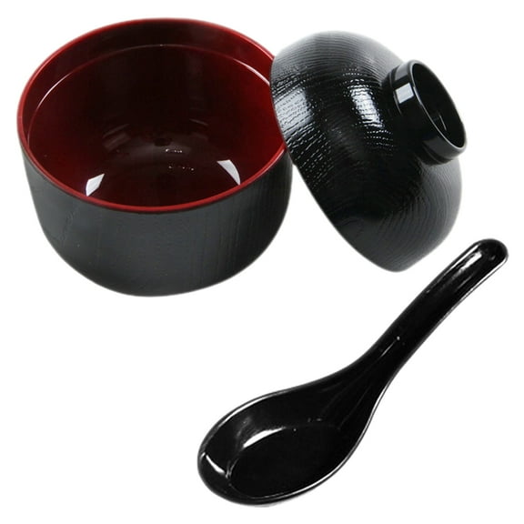 HOMEMAXS Japanese Style Soup Bowl Set with Lid for Kitchen Use Black Melamine 1 Set Small Size