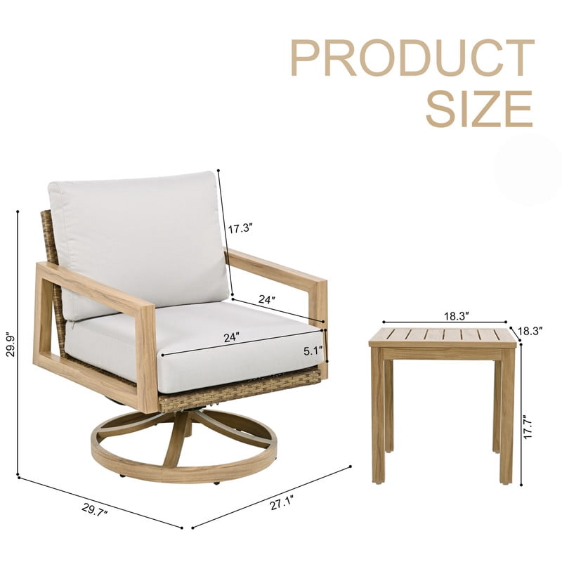 3-Piece 2 Patio Swivel Chairs & 1 Aluminum Side Table, Outdoor Chat Sets with Cushions